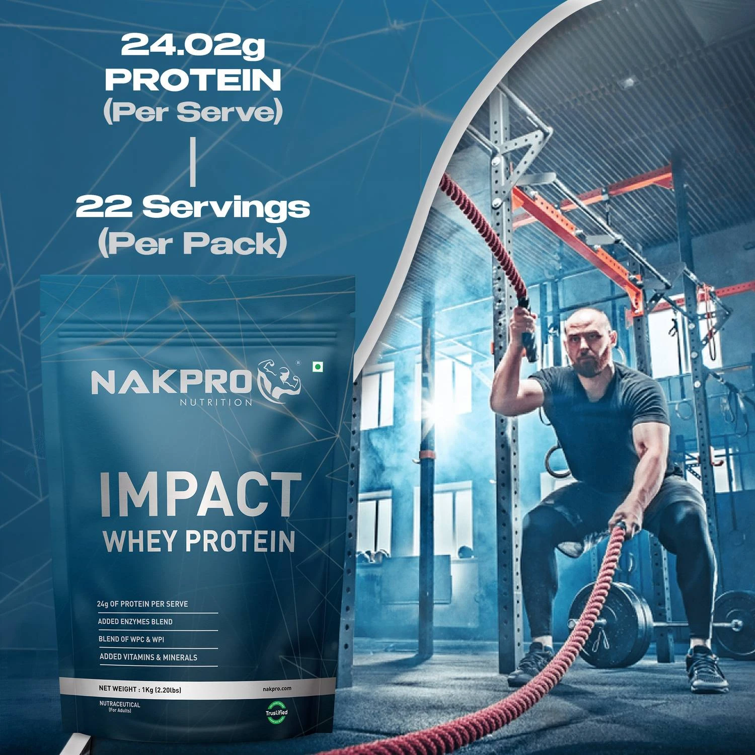 Nakpro Impact Whey Protein Isolate & Concentrate, 24g Protein, Trustified Certified Whey Protein